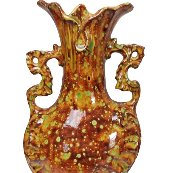 VTG Art Pottery Ewer Vase Brown Orange Green 1960-70s Pitcher Handled Hand Paint - Picture 9 of 12